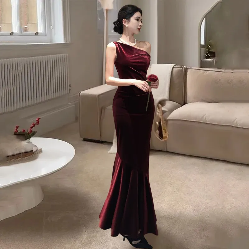 Women's Evening Gown Wine Red Velvet Mermaid Silhouette sold by Hensley London
