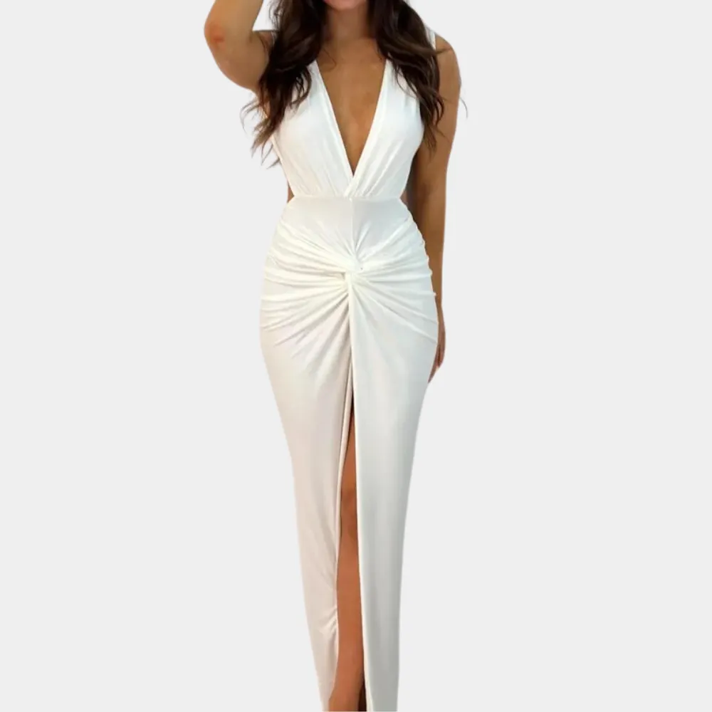 Women's Evening Gown White Rayon Blend Deep V-Neck Formal Dress sold by Hensley London product image thumbnail 4