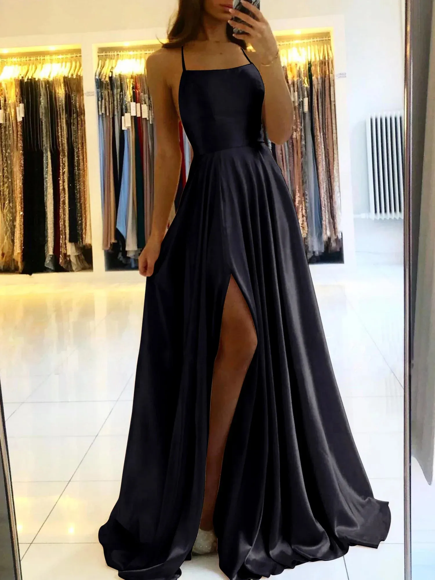 Women's Evening Gown Black Satin Spaghetti Straps High Slit sold by Hensley London product image thumbnail 3
