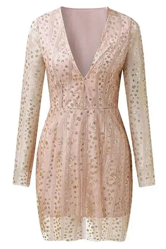 Women's Mini Dress Gold Mesh Long Sleeve Plunging Neckline sold by Hensley London product image thumbnail 4