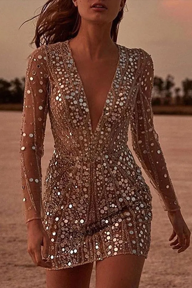 Women's Mini Dress Gold Mesh Long Sleeve Plunging Neckline sold by Hensley London product image thumbnail 3