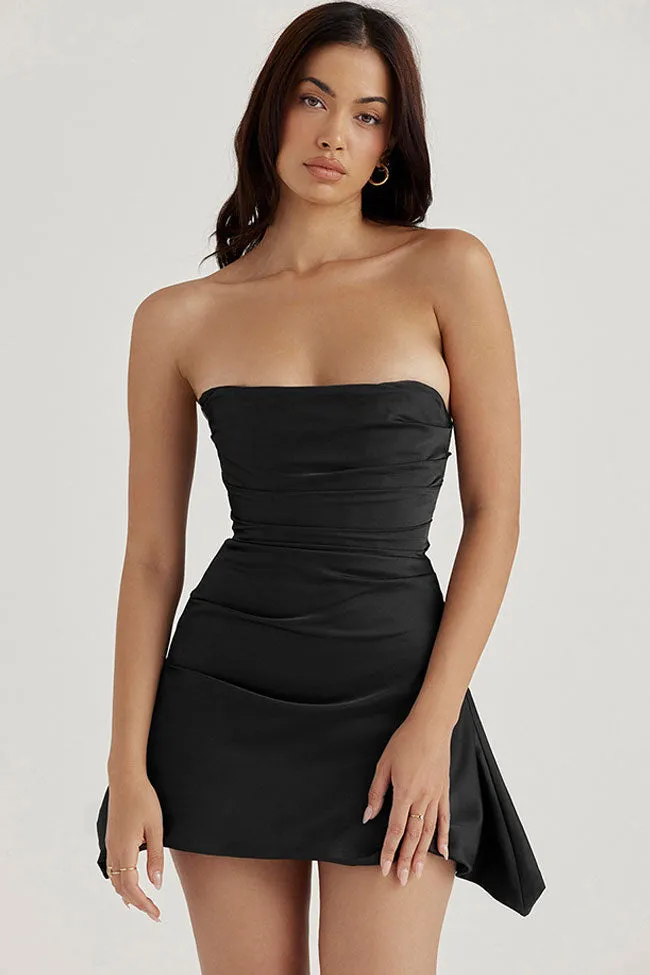Women's Cocktail Dress Black Satin Strapless A-Line sold by Hensley London