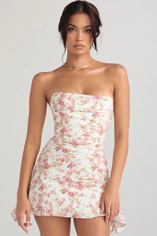 Women's Mini Dress Floral Satin Strapless Summer Cocktail sold by Hensley London
