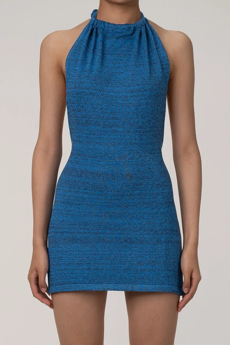 Women's Mini Dress Blue Knit Backless Halter Summer Dress sold by Hensley London product image thumbnail 4