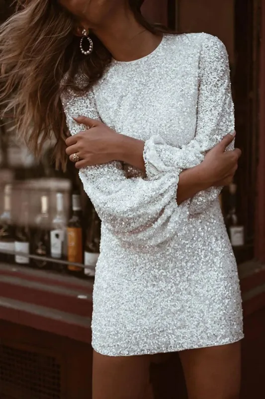 Women's Mini Dress White Sequin Long Sleeve Sheath sold by Hensley London
