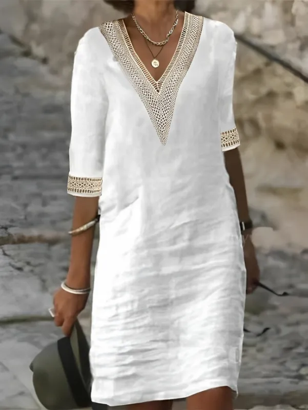 Women's Summer Dress White Linen V-Neck with Lace Detailing sold by Hensley London