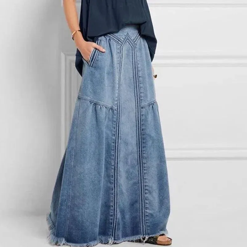 Women's Denim Maxi Skirt Blue Casual Bohemian Style sold by Hensley London