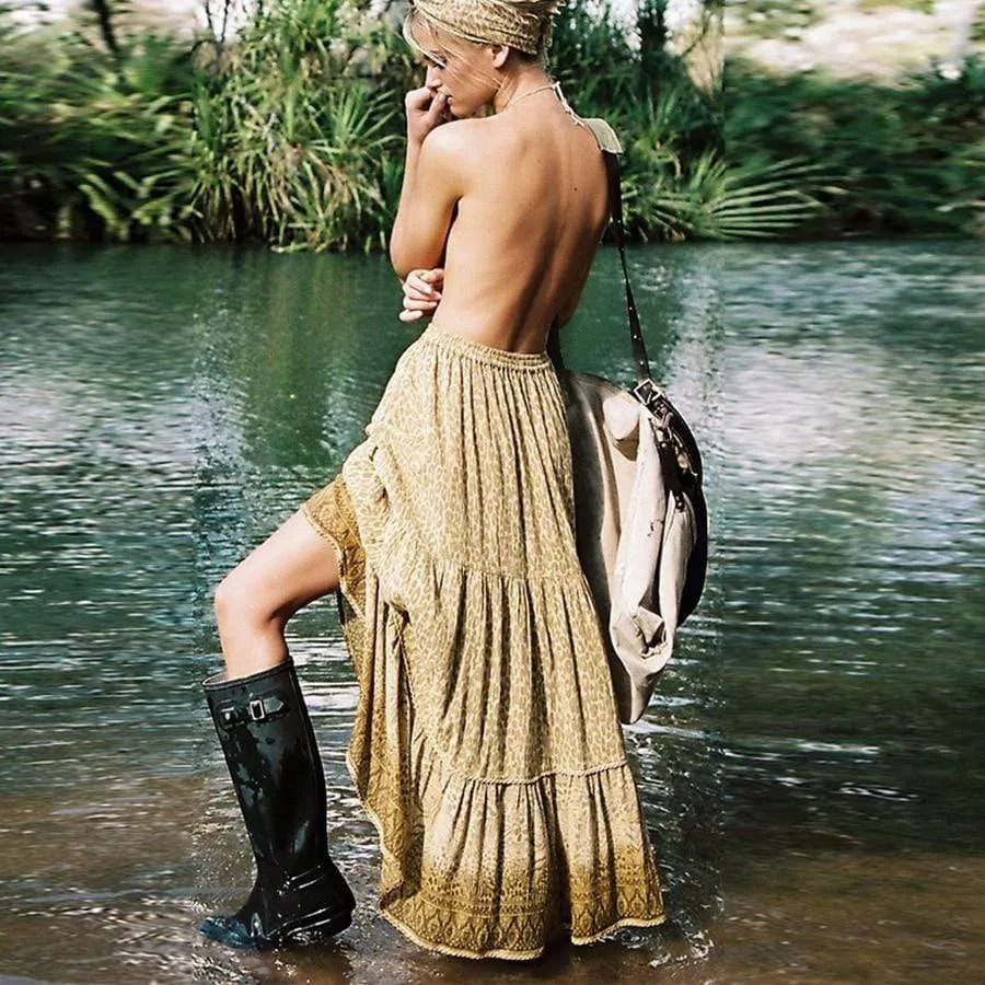 Women's Maxi Skirt Blue Cotton Polyester A-Line with Thigh-High Slit sold by Hensley London