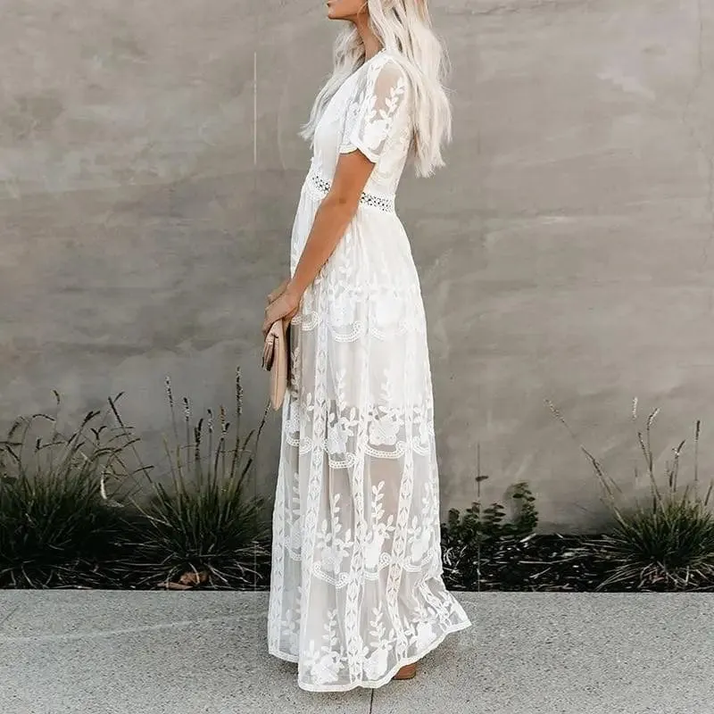 Women's Maxi Dress White Lace Short Sleeve Size S-XL sold by Hensley London product image thumbnail 3