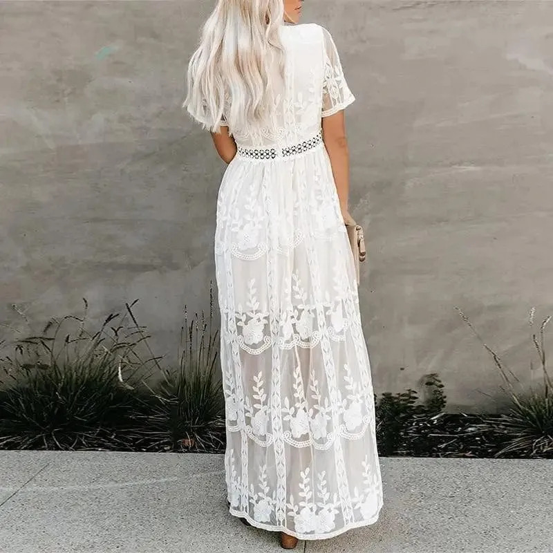 Women's Maxi Dress White Lace Short Sleeve Size S-XL sold by Hensley London product image thumbnail 2