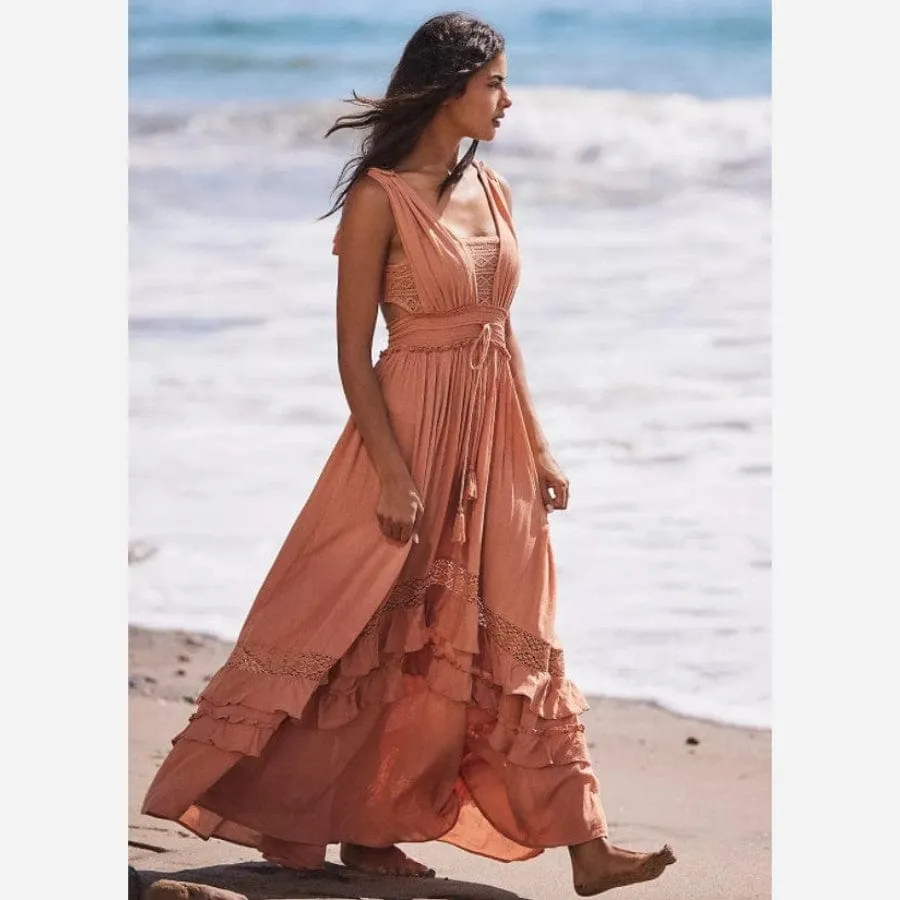 Women's Maxi Dress Coral Cotton Blend A-Line Summer Dress sold by Hensley London product image thumbnail 2