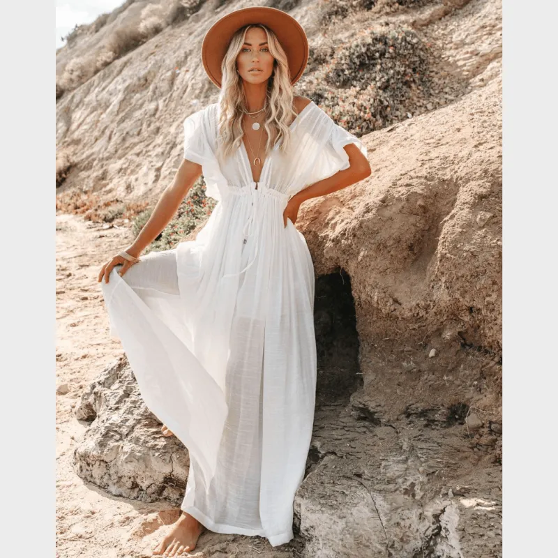 Women's Beach Cover Up Dress White One Size Polyester Boho Style sold by Hensley London