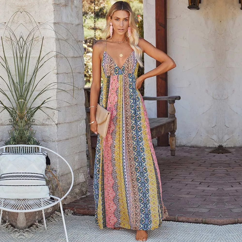 Women's Maxi Dress Multi-Color Size S-XL Bohemian Print Size S-M-L-XL sold by Hensley London