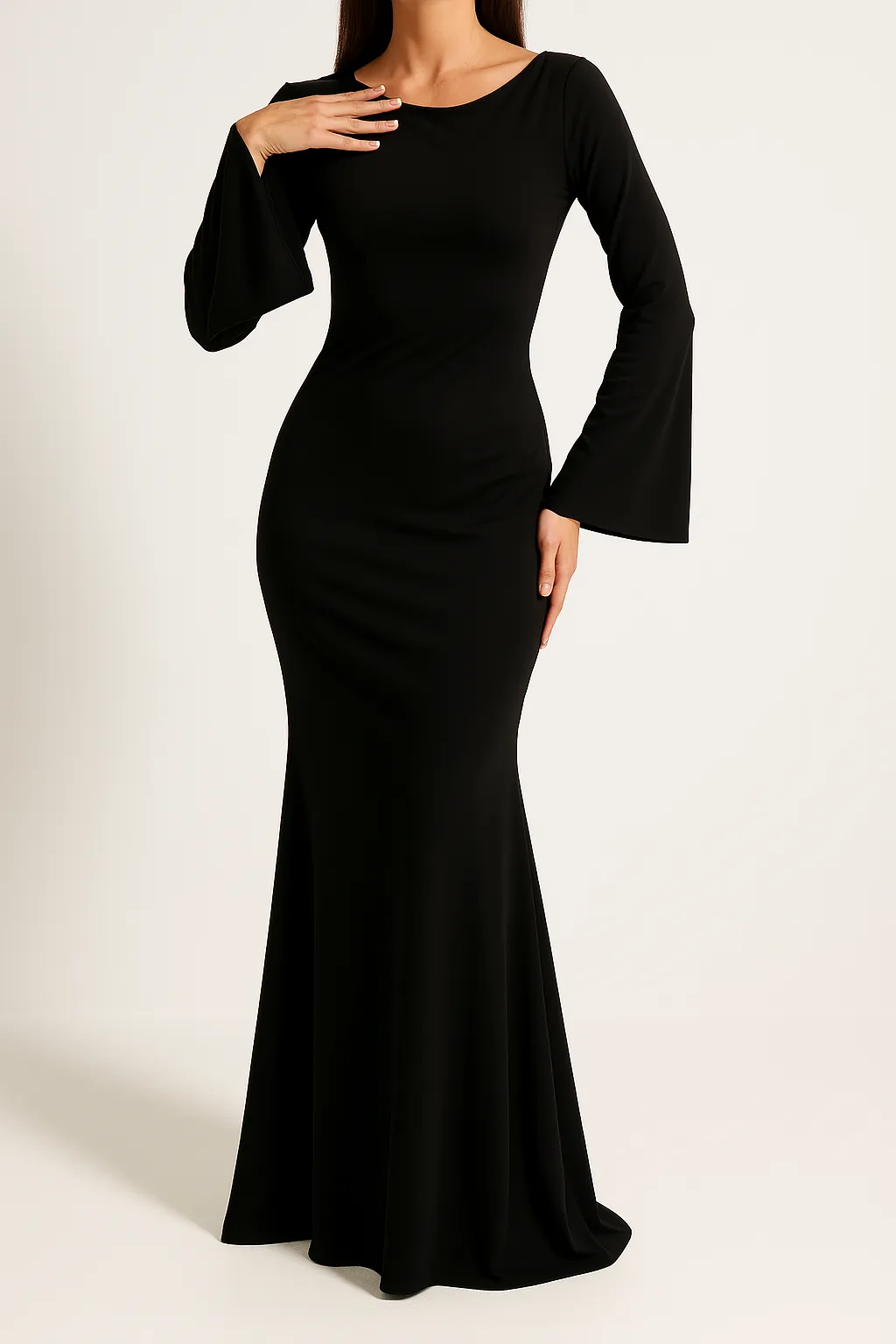 Women's Elegant Fitted Bodice Floor Length Maxi Dress with Long Flared Sleeves sold by Hensley London product image thumbnail 2