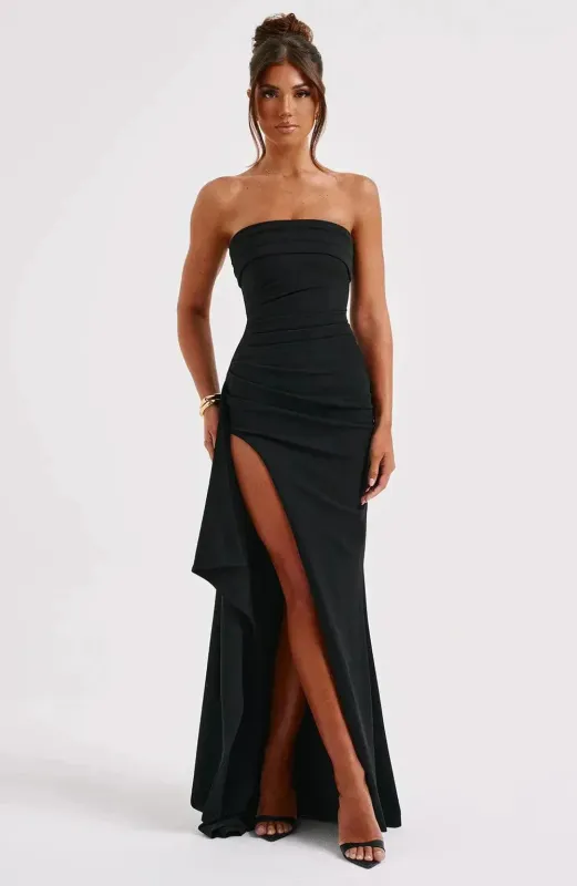 Women’s Formal Strapless Maxi Dress with Fitted Bodice and Thigh-High Slit sold by Hensley London