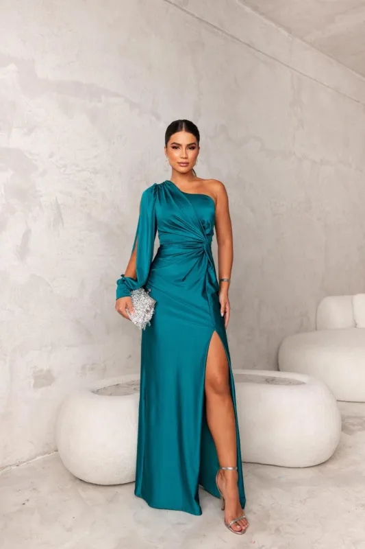 Women’s Elegant Fitted Evening Gown with One Shoulder, Long Sleeve, and High Slit sold by Hensley London