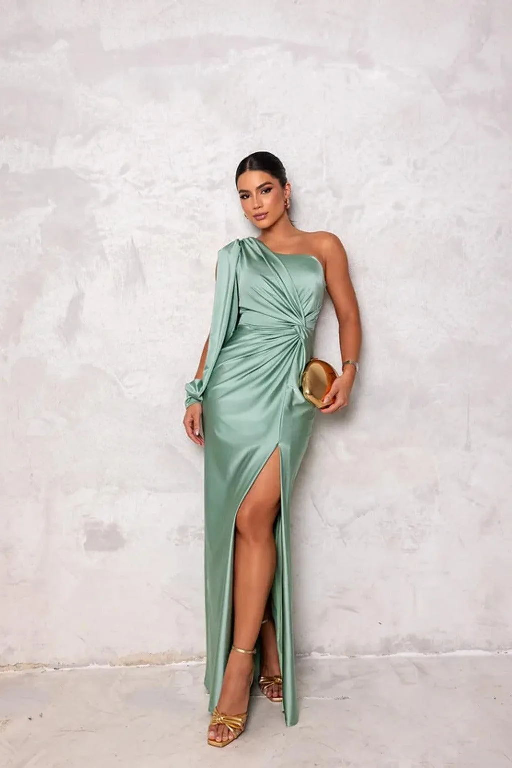 Women’s Elegant Fitted Evening Gown with One Shoulder, Long Sleeve, and High Slit sold by Hensley London product image thumbnail 5