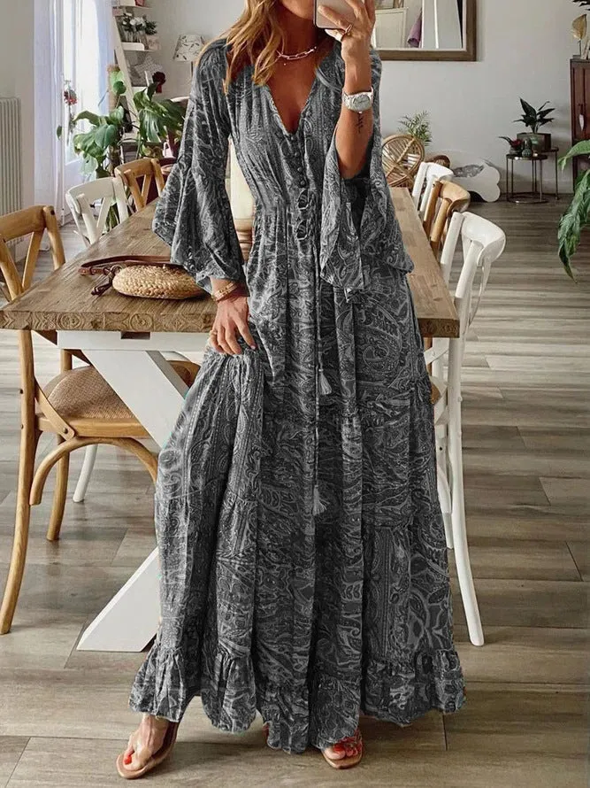 Women’s Deep V-Neck Button Front Bell Sleeves Boho Ruffle Hem Maxi Dress sold by Hensley London product image thumbnail 3