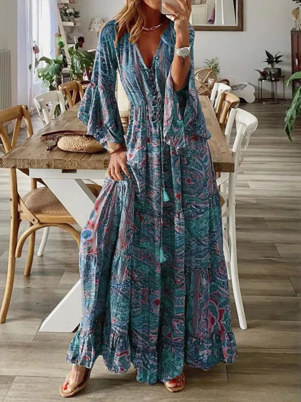 Women’s Deep V-Neck Button Front Bell Sleeves Boho Ruffle Hem Maxi Dress sold by Hensley London