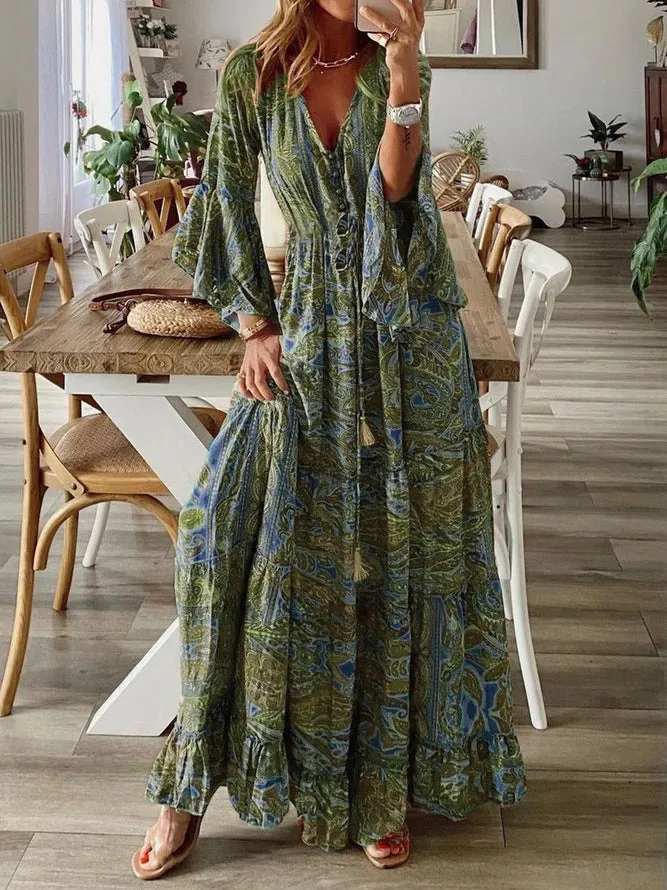 Women’s Deep V-Neck Button Front Bell Sleeves Boho Ruffle Hem Maxi Dress sold by Hensley London product image thumbnail 2