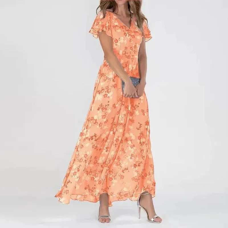 Women's Floral Print A-Line Fit V-Neck Short Flutter Sleeve Maxi Dress sold by Hensley London product image thumbnail 4