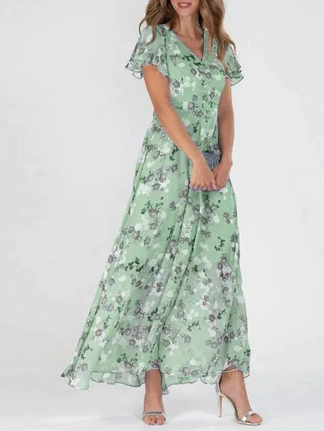 Women's Floral Print A-Line Fit V-Neck Short Flutter Sleeve Maxi Dress sold by Hensley London product image thumbnail 2