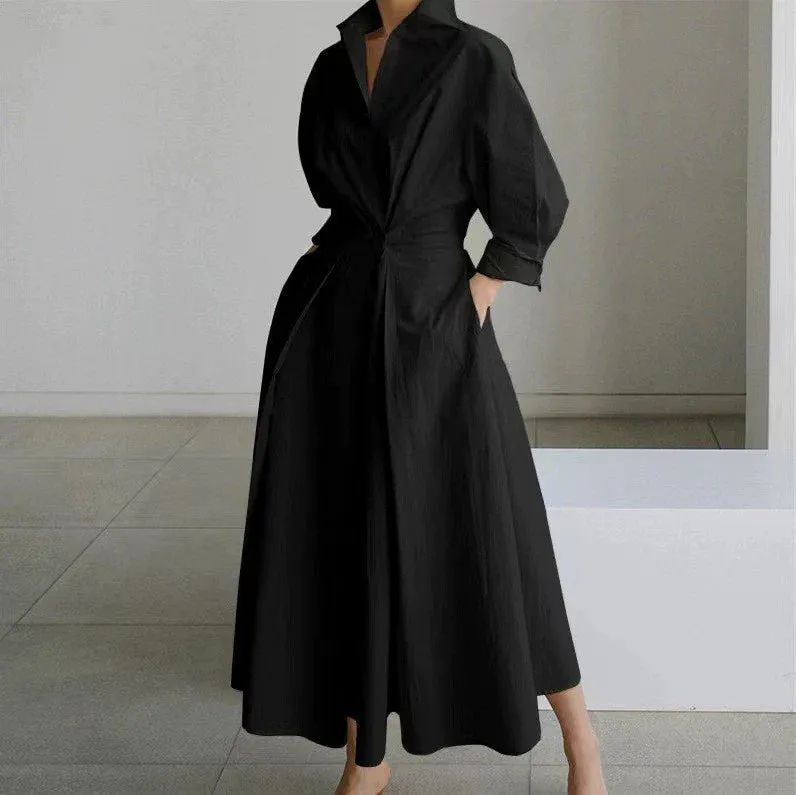 Women’s Button Front Cinched Waist A-Line Fit Long Sleeve Pockets Maxi Shirt Dress sold by Hensley London product image thumbnail 3