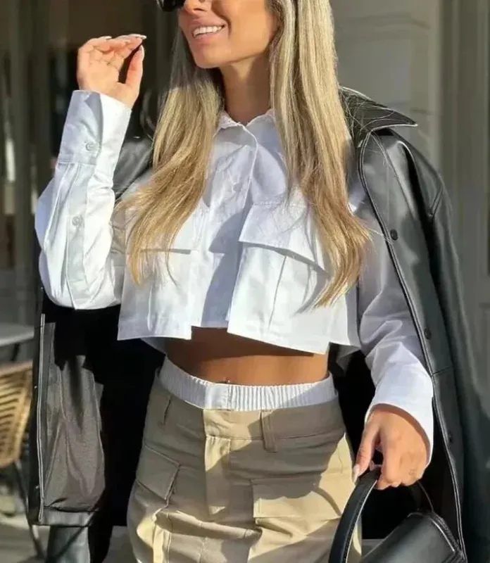 Women's White Blouse Cropped Cotton Long Sleeve sold by Hensley London