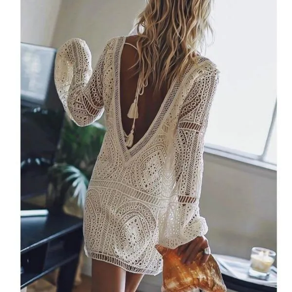 White Lace Backless Mini Dress for Women – Bohemian Summer Dress with Vintage Detailing sold by Hensley London product image thumbnail 2