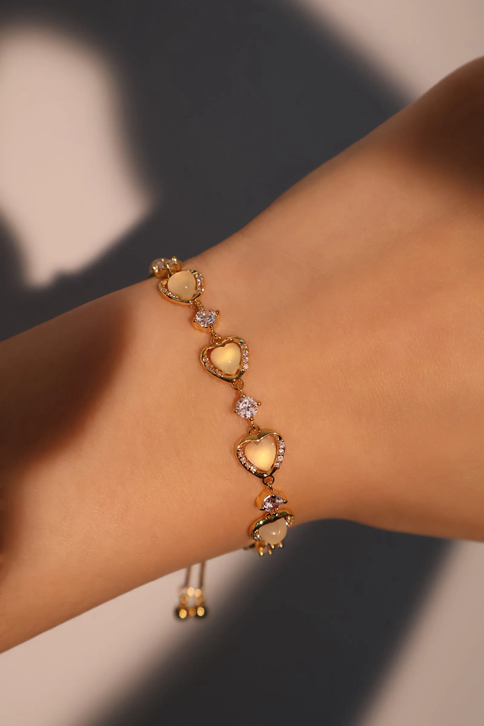 Women's Bracelet Gold Plated Heart Zirconia Moonstone Adjustable 8.8 in. sold by Hensley London