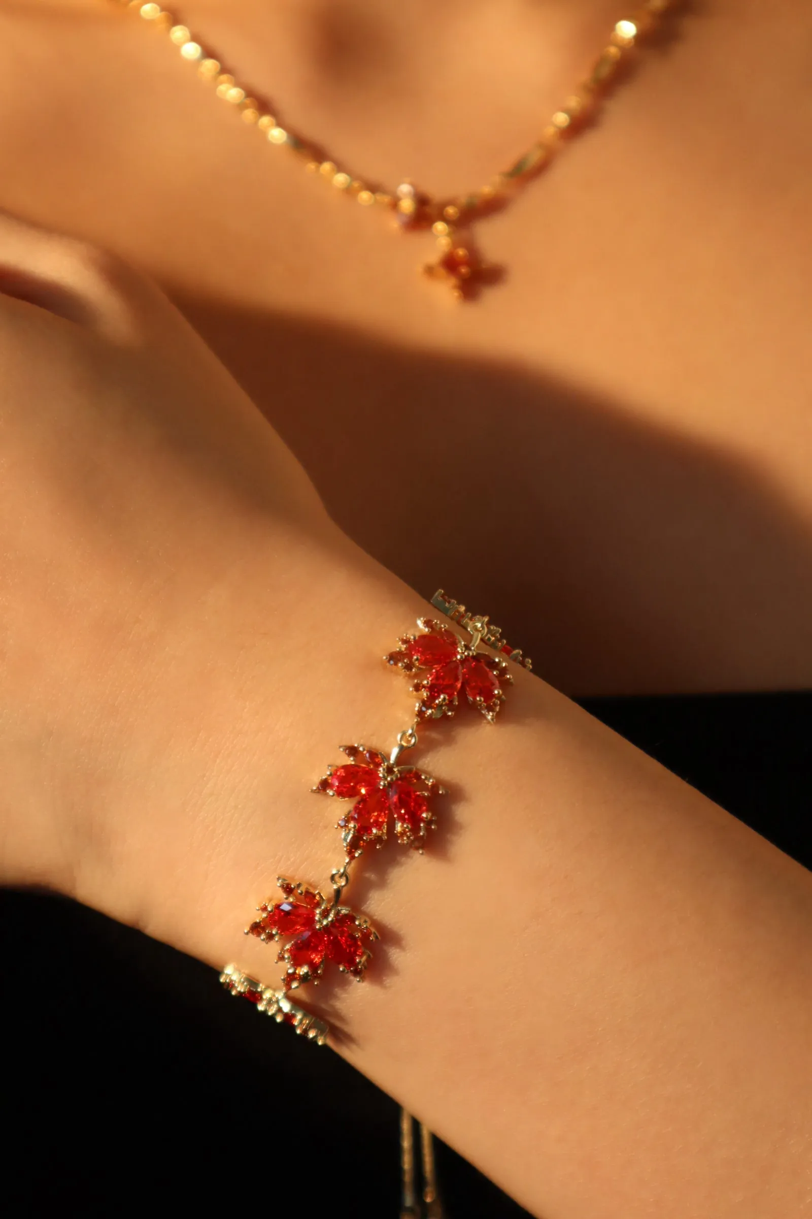 Women's Bracelet Gold Plated Red Zirconia Maple Leaves Design sold by Hensley London product image thumbnail 3