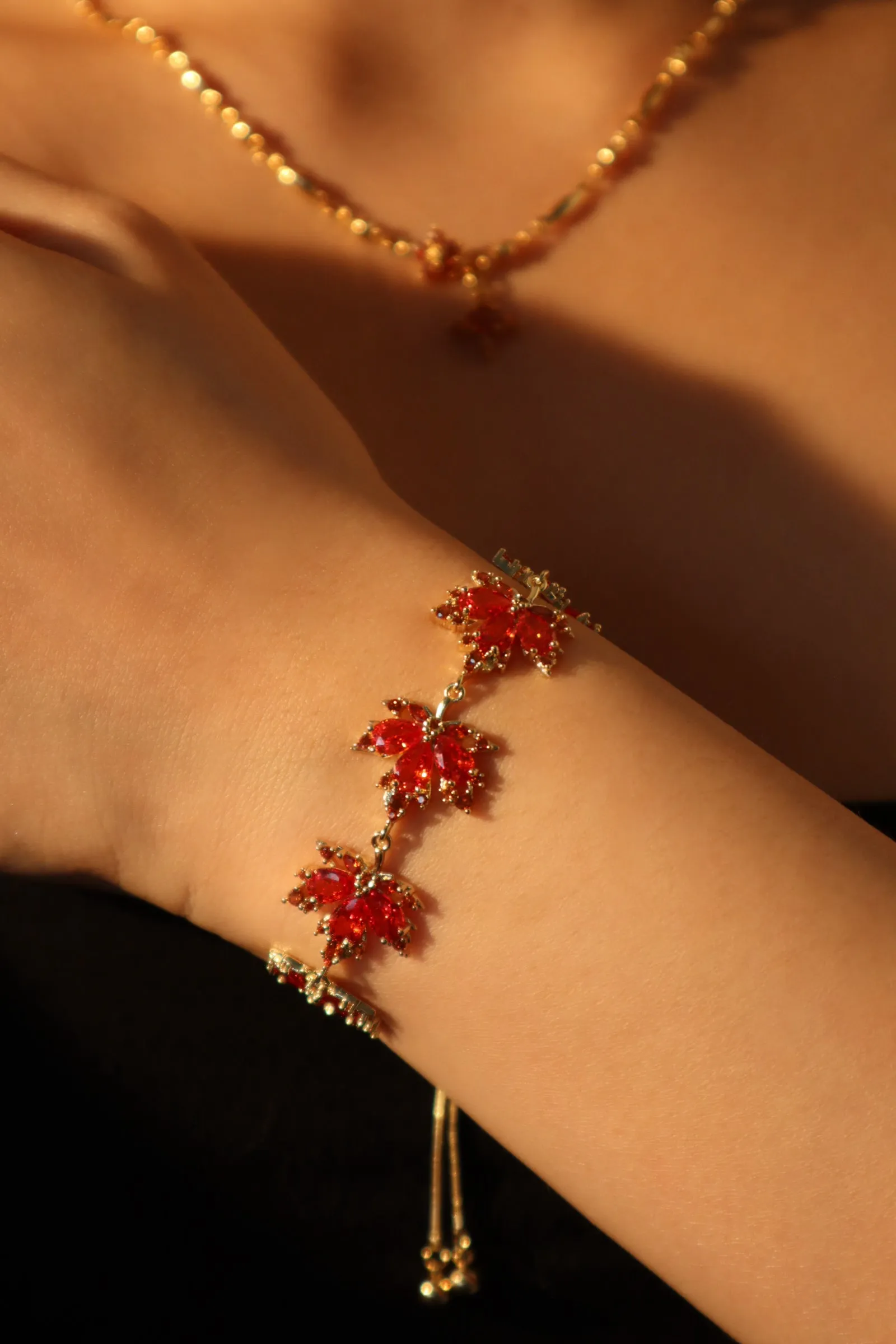 Women's Bracelet Gold Plated Red Zirconia Maple Leaves Design sold by Hensley London product image thumbnail 4