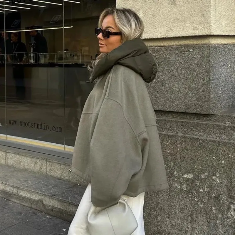 Women's Hooded Jacket Casual Loose Fit Green Cotton sold by Hensley London