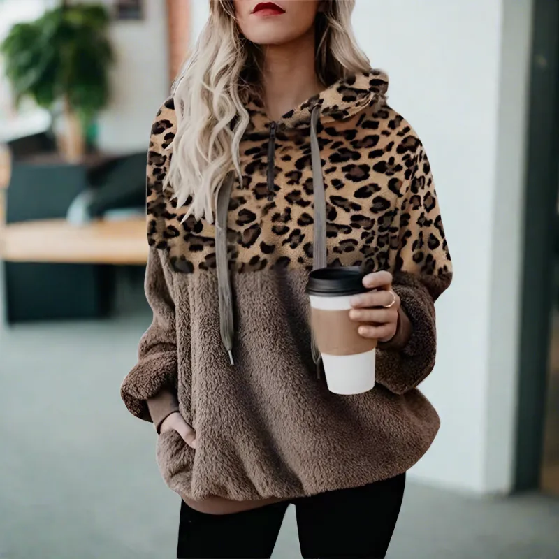 Women's Hoodie Leopard Print Plush Casual Sweatshirt sold by Hensley London product image thumbnail 2