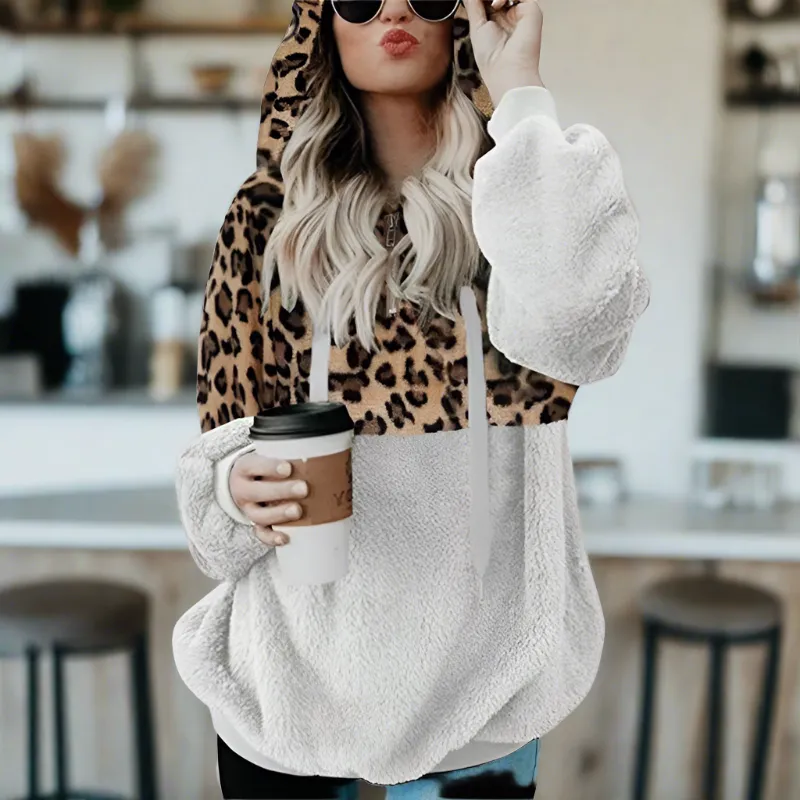 Women's Hoodie Leopard Print Plush Casual Sweatshirt sold by Hensley London product image thumbnail 3