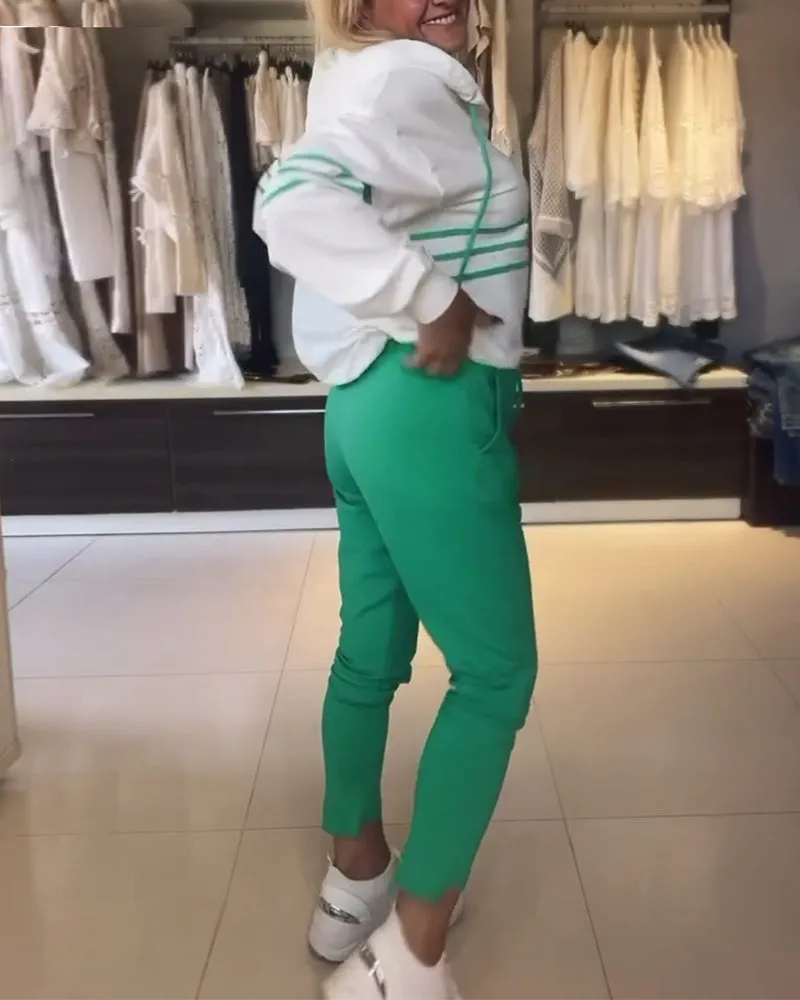 Women's Hooded Jacket Set Blue Striped Trousers Cotton sold by Hensley London product image thumbnail 3