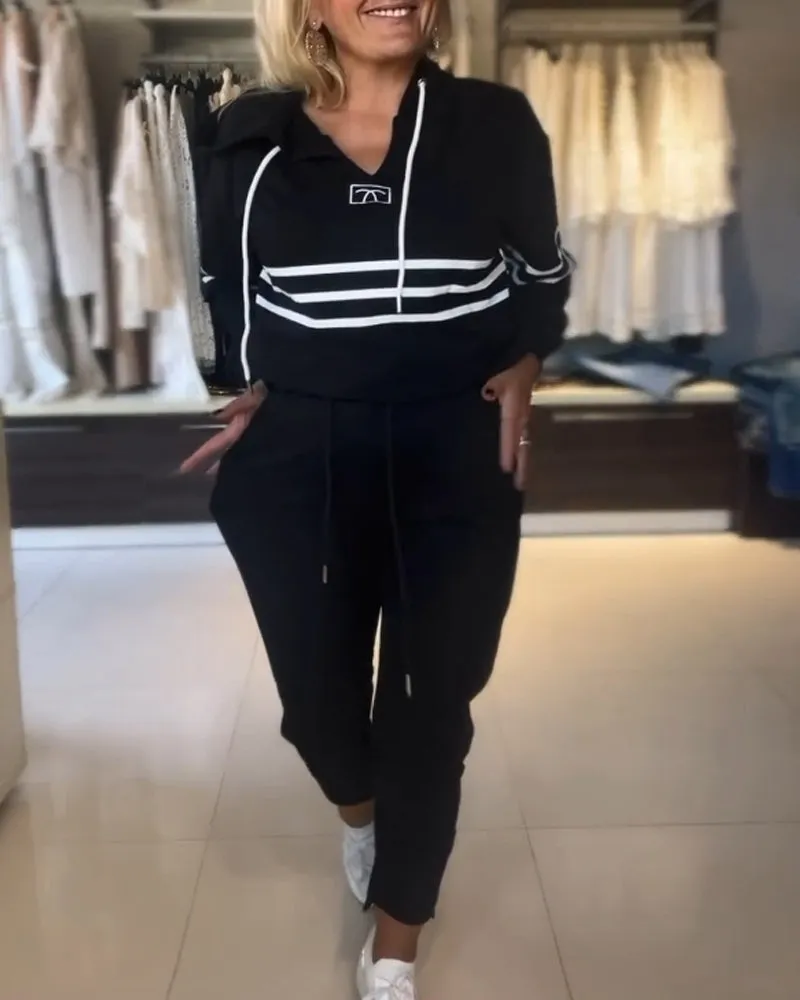 Women's Hooded Jacket Set Blue Striped Trousers Cotton sold by Hensley London
