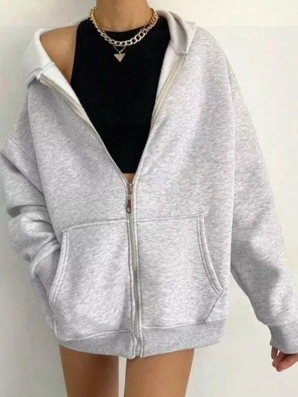 Women's Oversized Hoodie Gray Cotton with Zipper and Pockets sold by Hensley London
