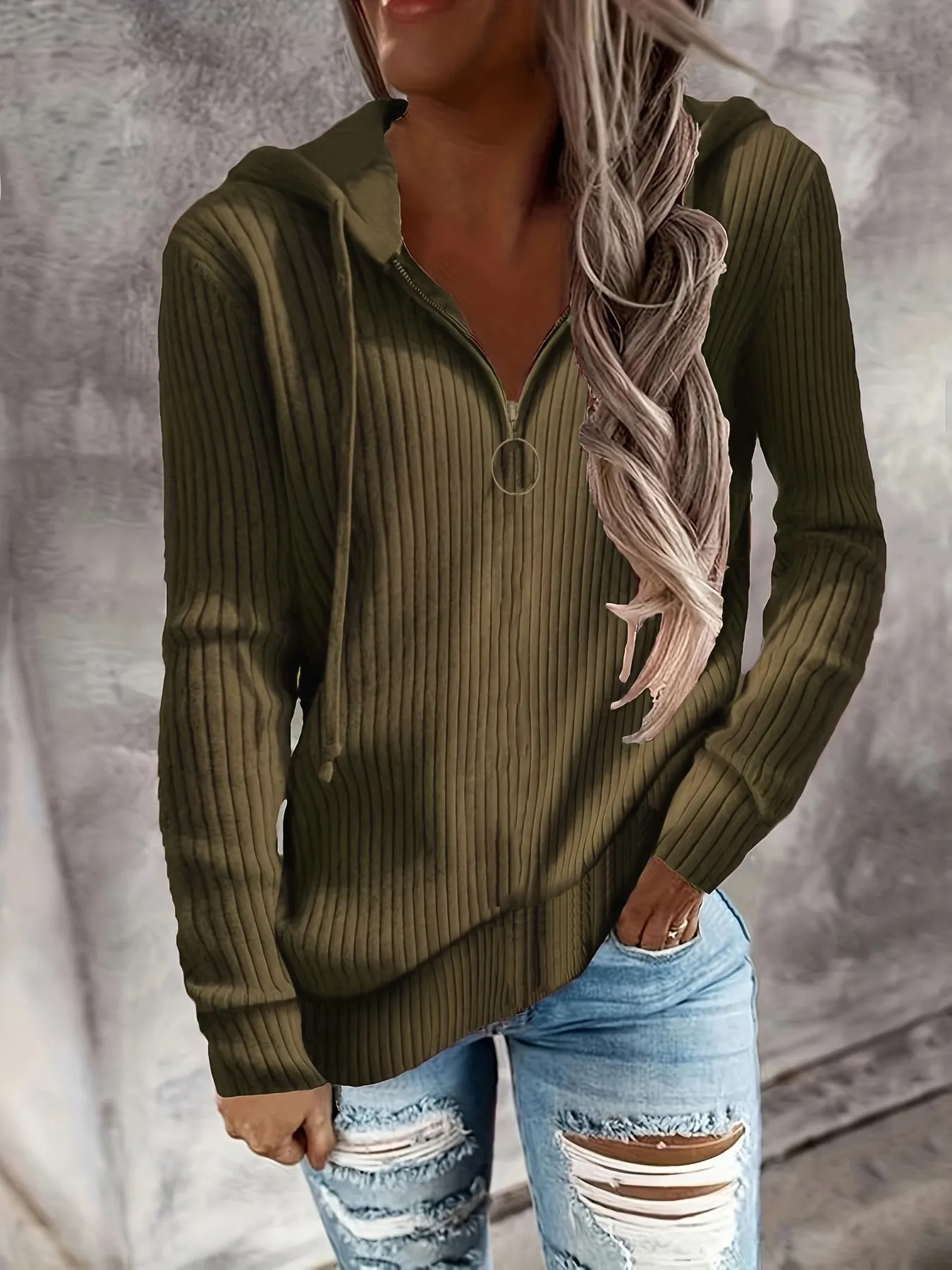 Women's Hooded Sweatshirt Gray Ribbed Cotton Blend sold by Hensley London product image thumbnail 5