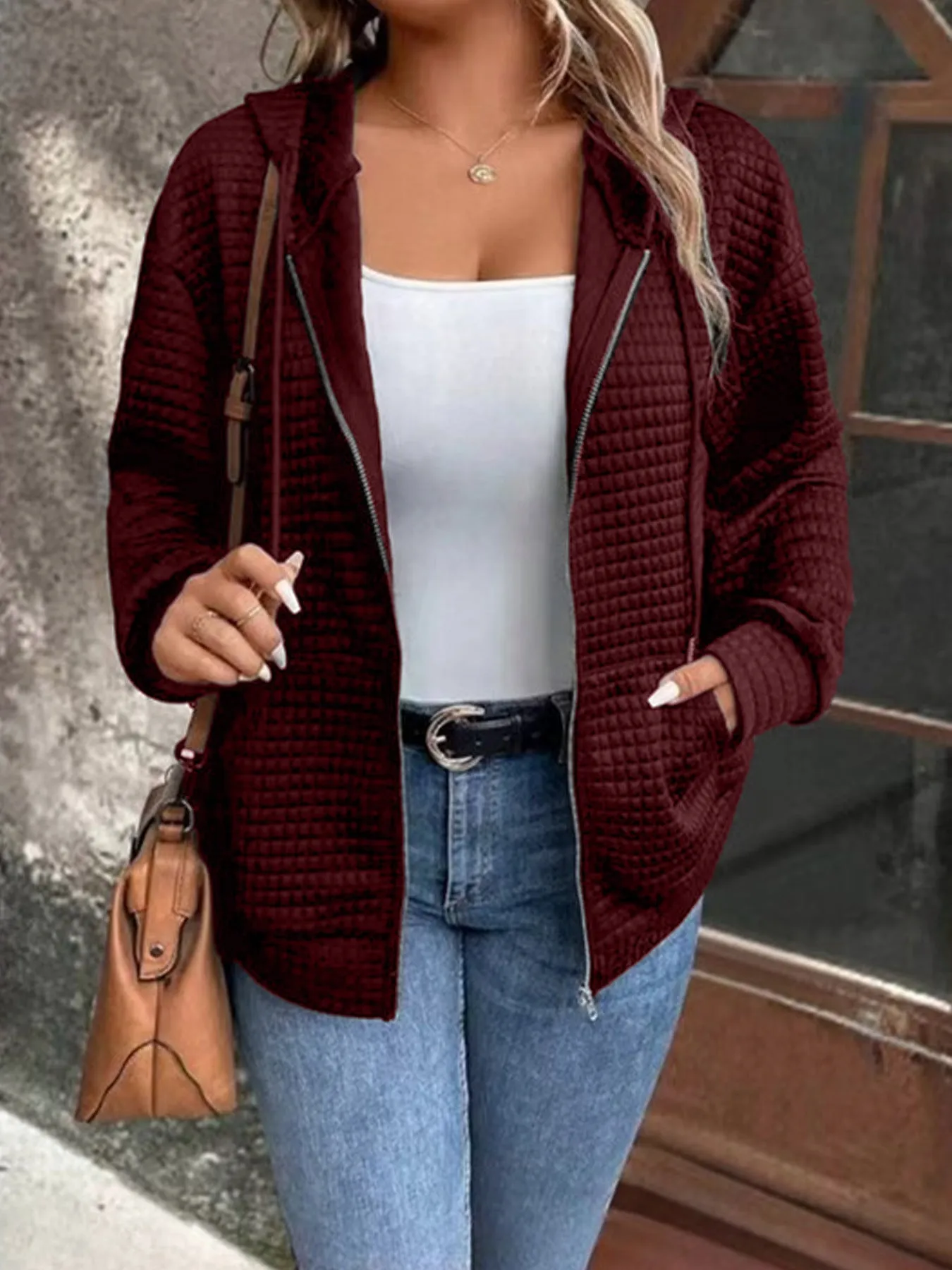 Women's Hooded Jacket Gray Textured Fabric Lightweight Cozy sold by Hensley London