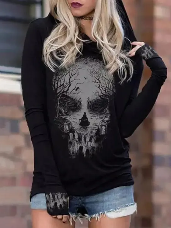 Women's Hoodie Black Cotton Skull Print Long Sleeve Sweatshirt sold by Hensley London product image thumbnail 3