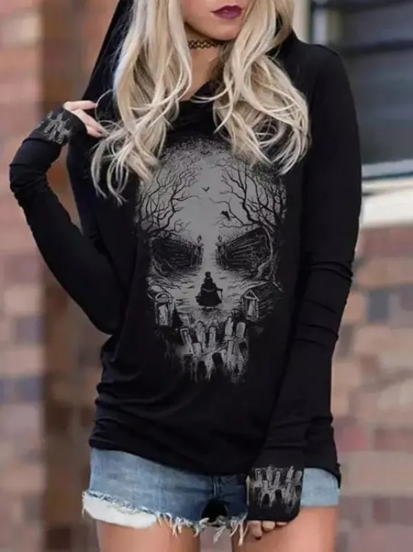 Women's Hoodie Black Cotton Skull Print Long Sleeve Sweatshirt sold by Hensley London