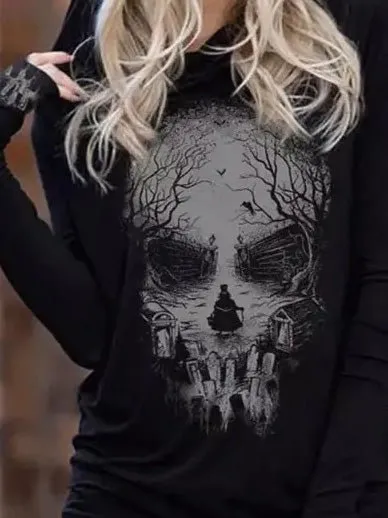Women's Hoodie Black Cotton Skull Print Long Sleeve Sweatshirt sold by Hensley London product image thumbnail 2
