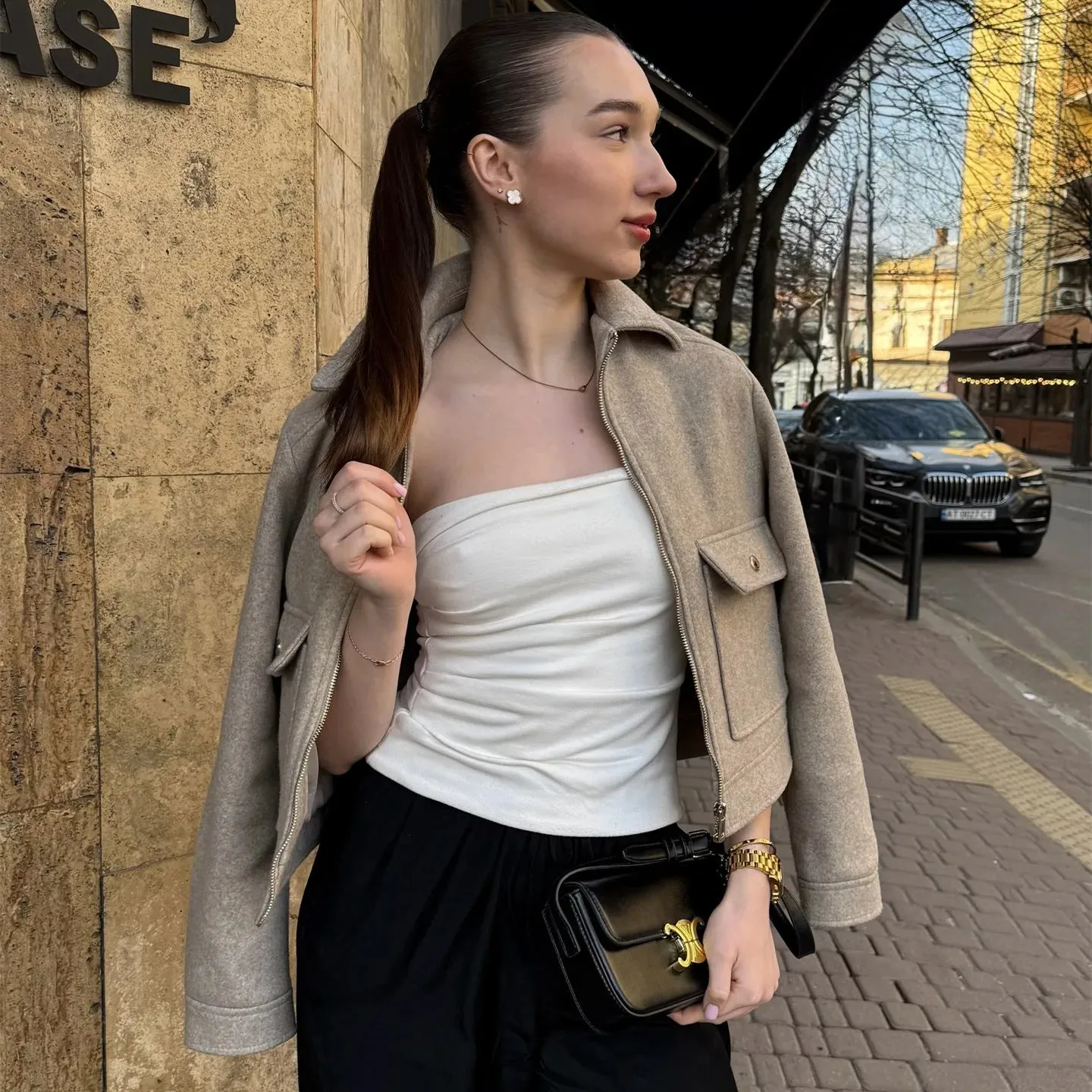 Women's Bomber Jacket Black Polyester Short Zip Front sold by Hensley London product image thumbnail 2