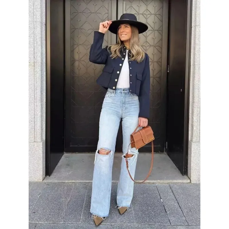 Women's Jacket Black Cotton Cropped Bomber with Button Front and Flap Pockets sold by Hensley London product image thumbnail 3