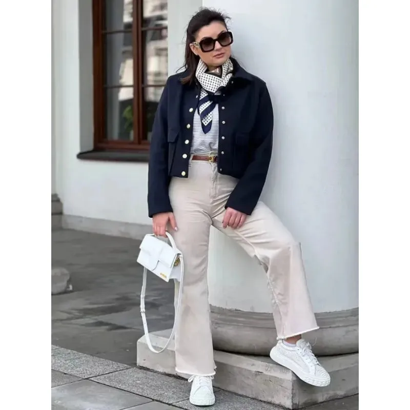 Women's Jacket Black Cotton Cropped Bomber with Button Front and Flap Pockets sold by Hensley London product image thumbnail 4