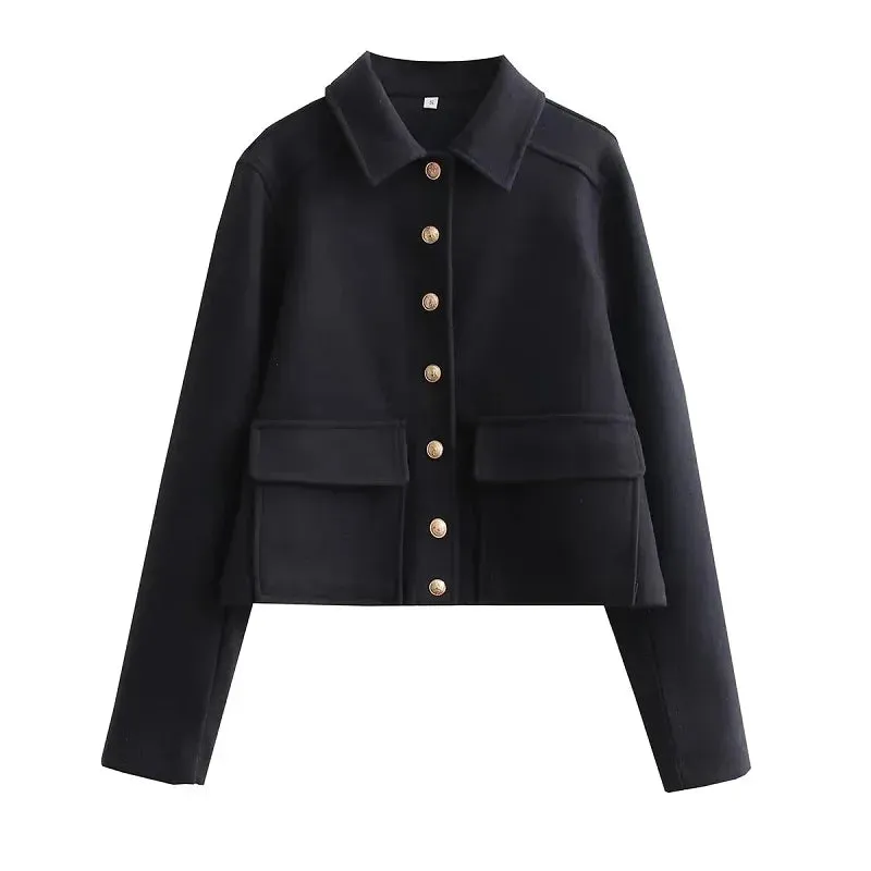 Women's Jacket Black Cotton Cropped Bomber with Button Front and Flap Pockets sold by Hensley London
