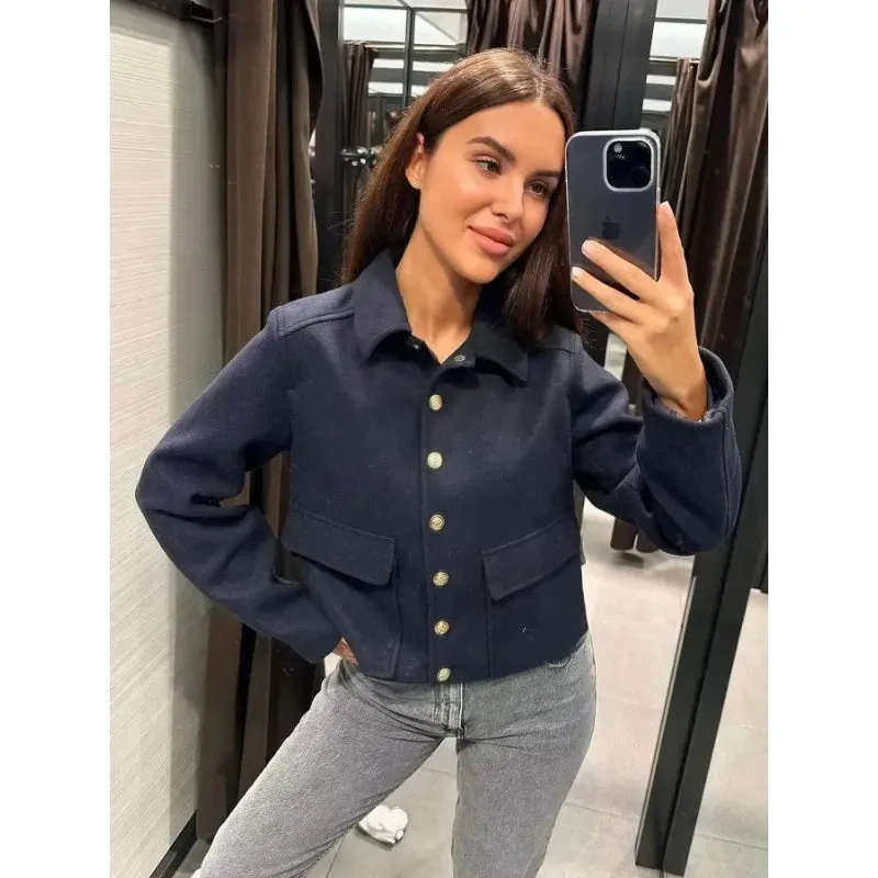 Women's Jacket Black Cotton Cropped Bomber with Button Front and Flap Pockets sold by Hensley London product image thumbnail 2