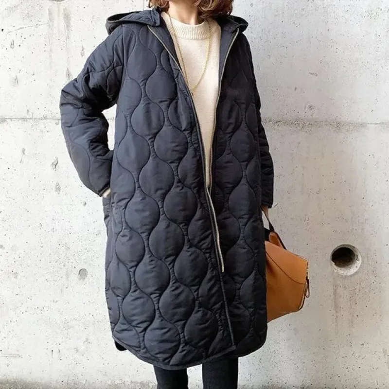 Women's Long Puffer Coat Black Quilted Lightweight Polyester sold by Hensley London
