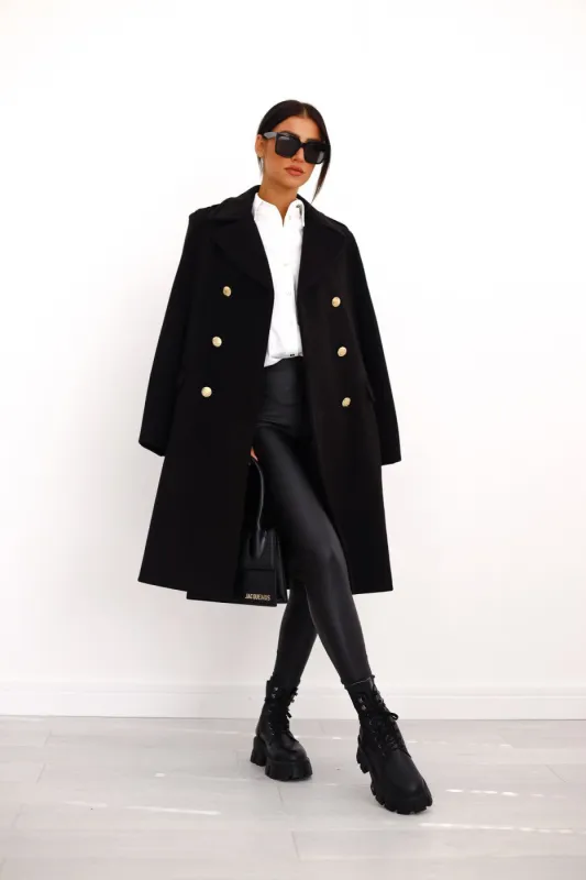 Women's Trench Coat Black Wool Double-Breasted with Gold Buttons sold by Hensley London